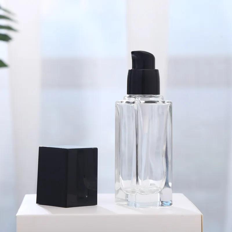 15ml 30ml 40ml 60ml square liquid foundation clear glass bottle essence emulsion refillable bottles cosmetic packaging container Empty Pump Bottle Glass Liquid Foundation Container Makeup 15ml-40ml Transparent Square Refillable Bottle Portable Pump Bottle