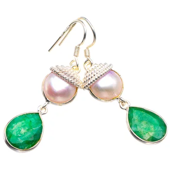 

Natural Emerald And River Pearl Handmade 925 Sterling Silver Earrings 1.75" D3665