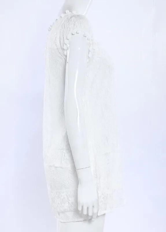 Summer Sexy Sleeveless White Lace Women Elegant Pom Pom Trim Floral Hollow Out Mini Short Dress