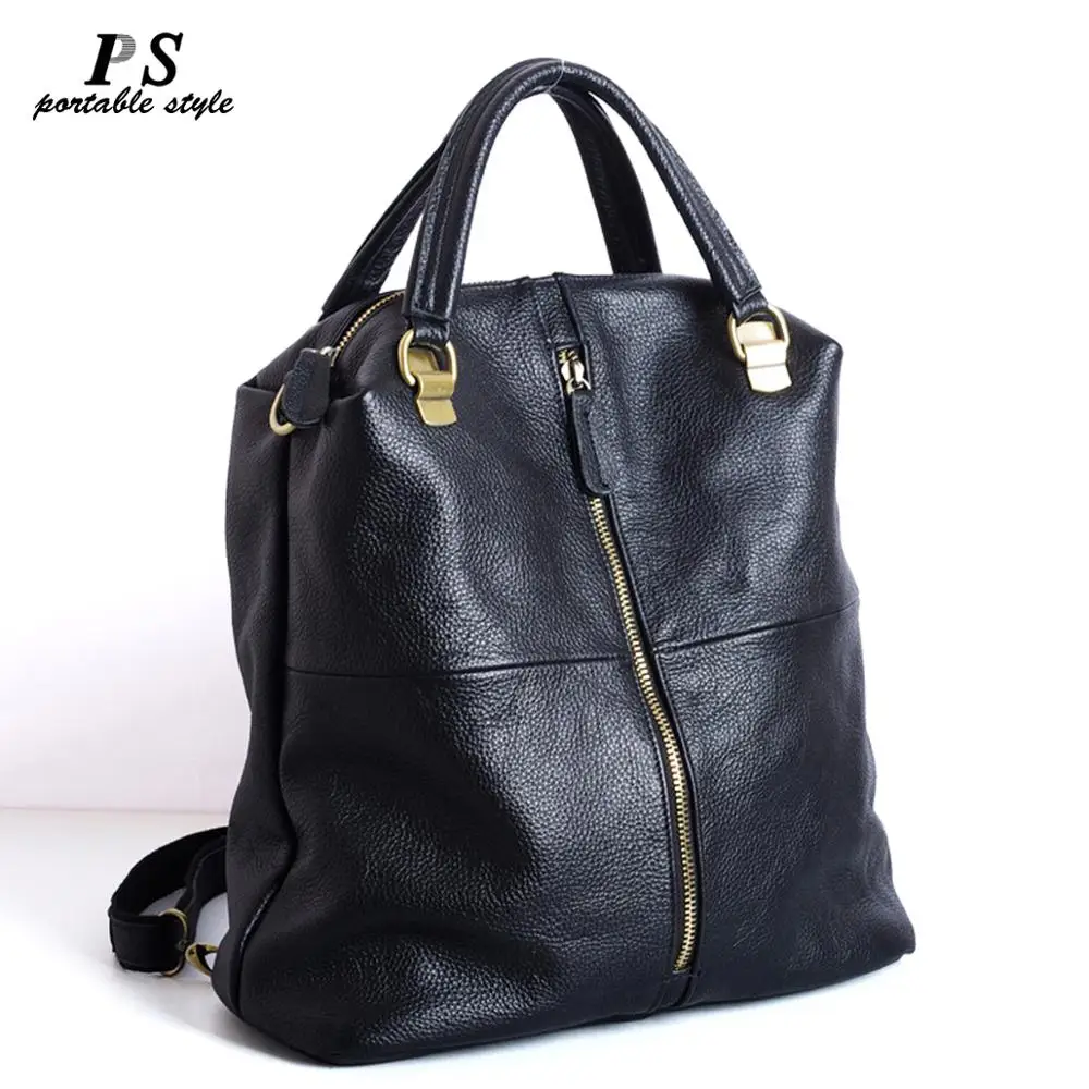 

High Quality New Fashionable Black Multi-purpose Double-shoulder Genuine Leather Bag Women Cow Leather mochila feminine Backpack
