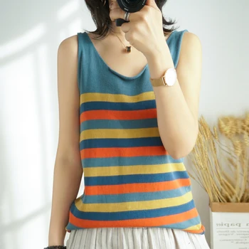 

Spring and summer new women's round neck sleeveless sweater short section Slim wild knitted bottoming striped camisole pullover