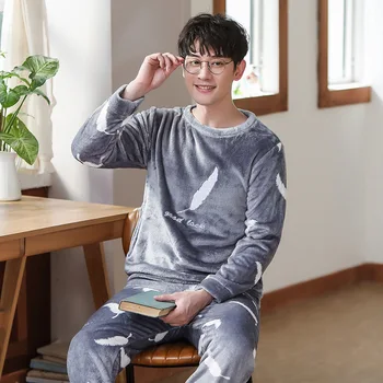 

Autumn Winter Warm Flannel Men Pajamas Sets Male Thicken Coral Velvet Long Sleeve Cartoon Sleepwear Flannel Pajamas For Boys