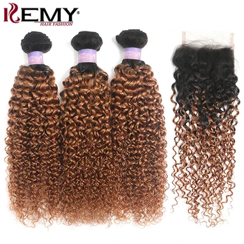 

1B/30 Ombre Brown kinky Curly Human Hair Bundles With Closure 4x4 KEMY 3PCS Brazilian Hair Weave Bundles With Closure Non-Remy