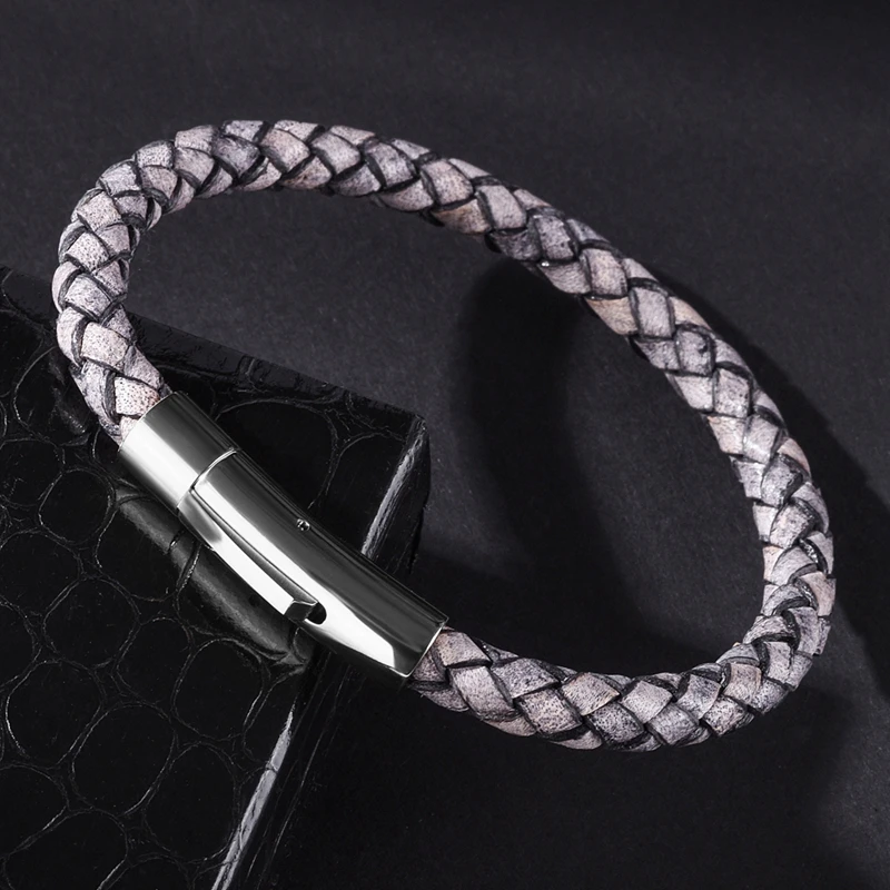 Fashion Bangle Men Charm Bracelets Gray Genuine Leather Rope Mixed Braided Bracelet Simple Style Punk Woman Classic Jewelry 602