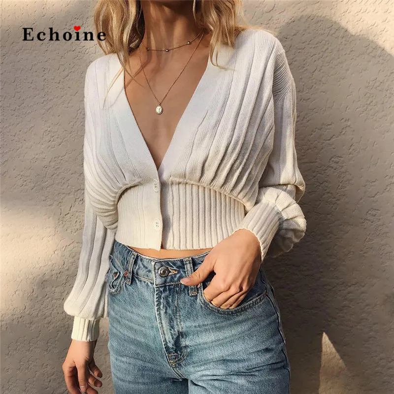 

Echoine Women Sweater Knit Cardigan Long Lantern Sleeve Pleated Button Stylish Crop Tops Outwear Highstreet Jumper Fancy Clothes