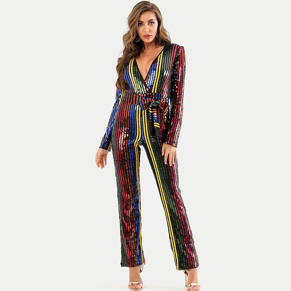 

2021 New Women'S Jumpsuit Multicolor Sequined Long-Sleeved Tights Belt Bowknot V-Neck Sexy Celebrity Party Jumpsuit