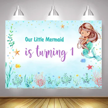 

Our Little Mermaid is Turning One Birthday Background Newborn Mermaid 1st Birthday Party Backdrop Decor Sea Algae Under the Sea