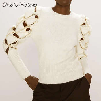 

Onoti Molazo Knitted Sweater Pullover Hollow Out Applique Winter Casual Elegant Ladies Pullovers Sweaters Female 2020 Spring New