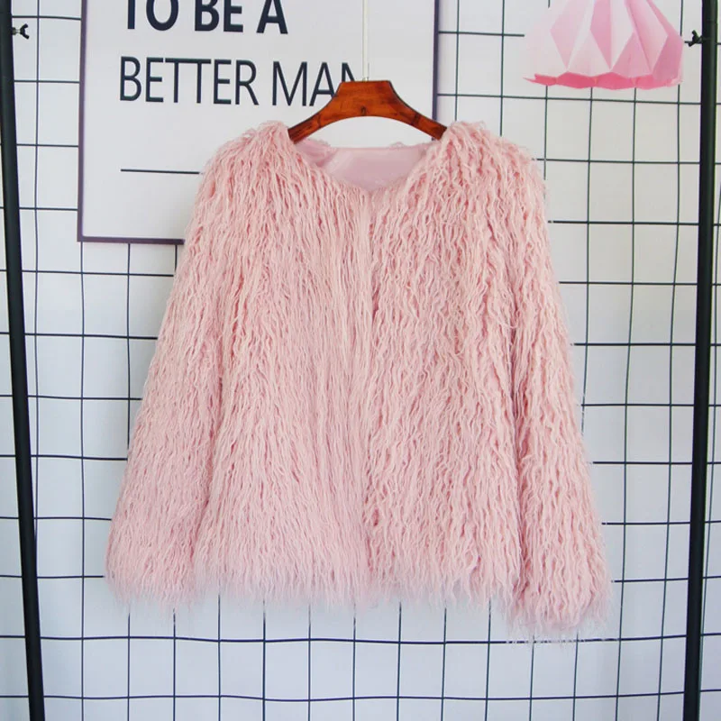 pink fur coat Зимняя Элегантная Женская Толстая монгольская овечья куртка из искусственного меха, пальто, новая мода, длинный рукав, плюшевое пальто, трендовая уличная одежда - Цвет: pink fur coat
