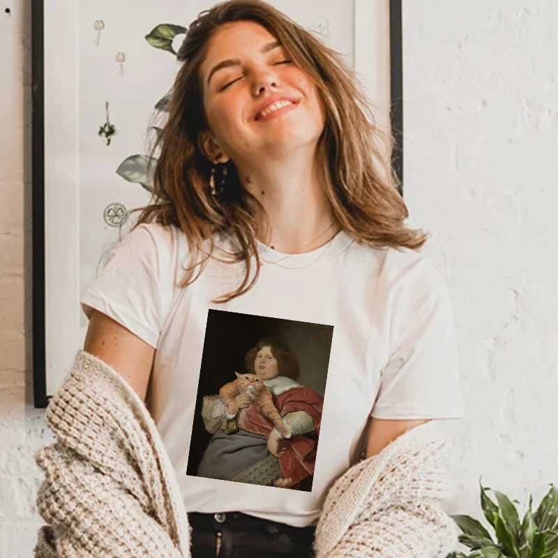 

Lei SAGLY Cute Cat Oil Painting Women T-shirts Harajuku ulzzang oversized t shirt korean Casual Short Sleeve