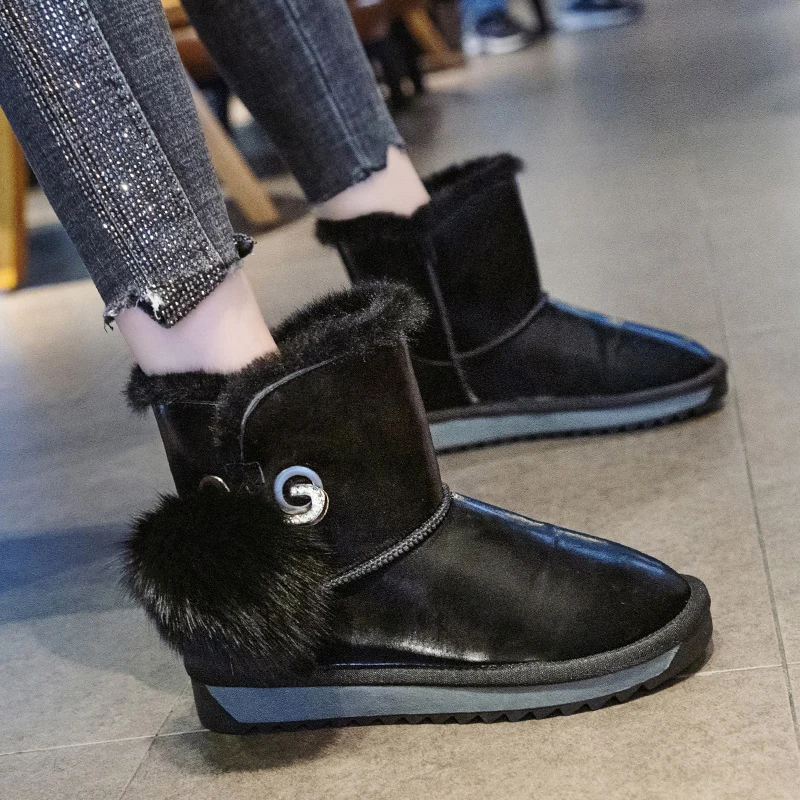 

Snow Boot Flat Heel Lady Boots Winter Shoes Women Lace Up Plush Round Toe Bootee Woman 2019 Luxury Designer Ladies Med Rubber