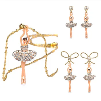

Jewelry set white full diamond ballet bow necklace female earring ear clip