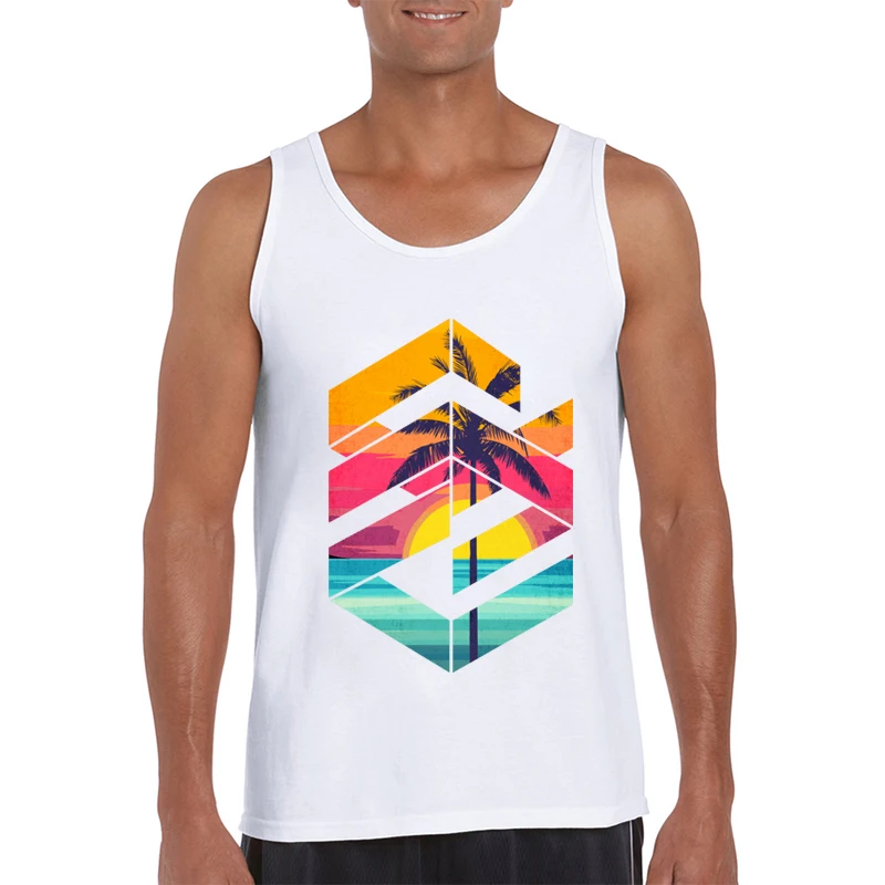 Camiseta sin mangas con estampado geométrico para hombre, camiseta sin mangas con estampado de puesta de sol en la playa, cuello redondo, divertida, gran oferta