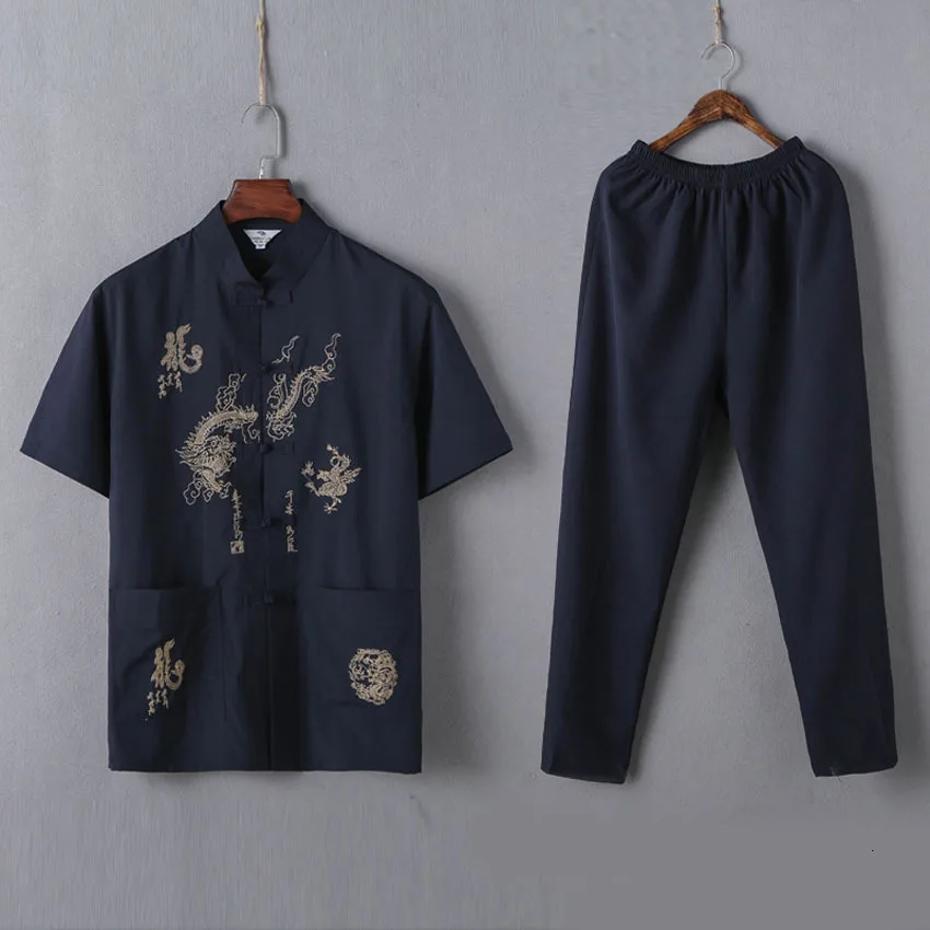 

Male Chinese Traditional Costumes Set 2PCs Shirts+trousers Breathable Cotton Dragon Embroidery Men New Year Kung Fu Tang Suit