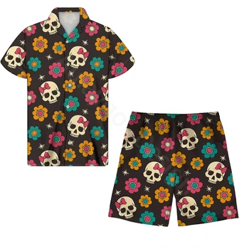 

Skull Floral Printed Men Summer Clothing Sets Casul Beach Shirts Board Shorts Guayabera Cubana Oversize Clothes Vetement Homme