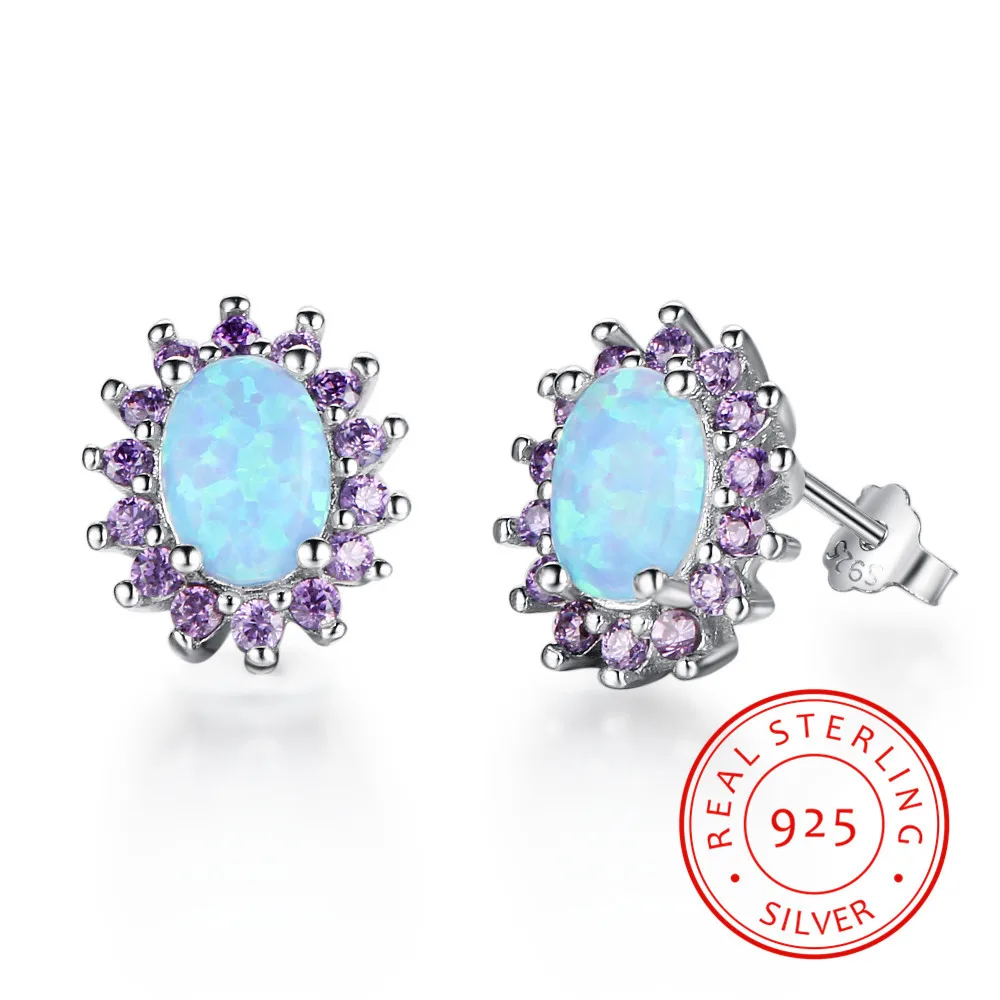 

Luxury Style 925 Sterling Silver Vintage korea earring for Women oval opal Stud Earrings cubic zirconia earrings jewelry girls