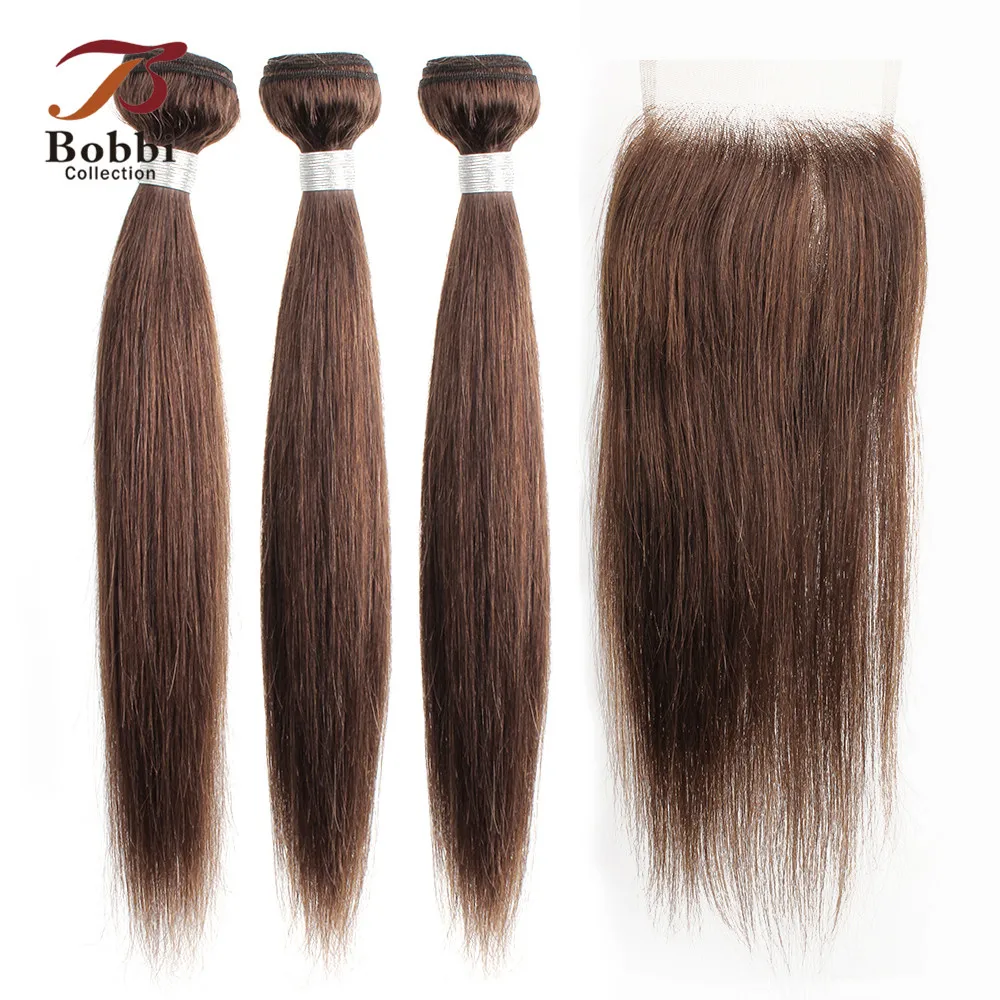 

BOBBI COLLECTION Color 4 Chocolate Brown Straight Hair 2/3 Bundles with Closure Brazilian Non-Remy Human Hair Weave 12-24 inch