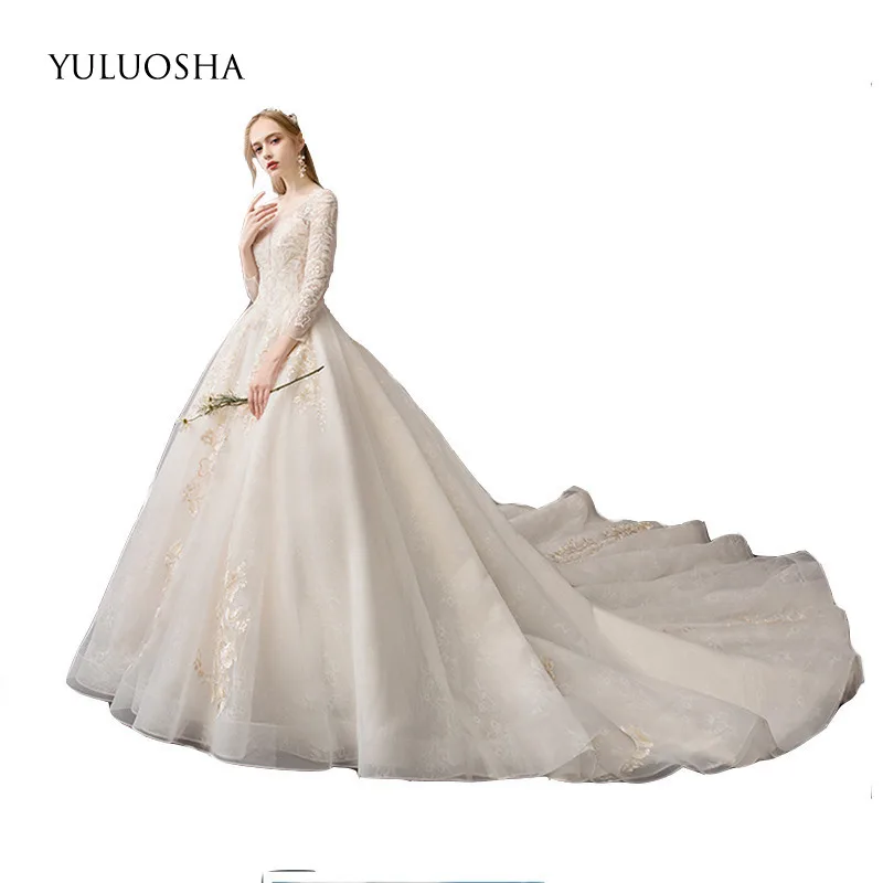 

YULUOSHA Wedding Dresses 9 Layers Lace Appliques O-Neck Cathedral/Royal Train Luxury Wedding Dress Elegant Vestido De Noiva