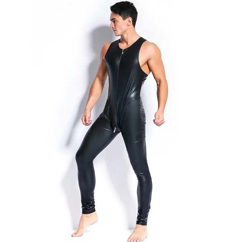 

Men Jumpsuit Nightclub Bar Performance Leather Sexy Zipper Sleeveless skinny overalls