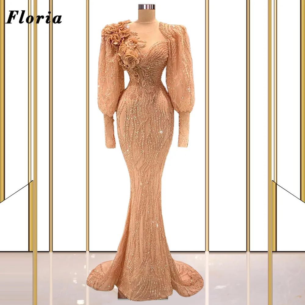 

Floria Robes De Soiree Puffy Sleeves Party Night Dress Champagne Beaded Evening Dubai Arabic Gowns 2022 Long Prom Dresses Custom