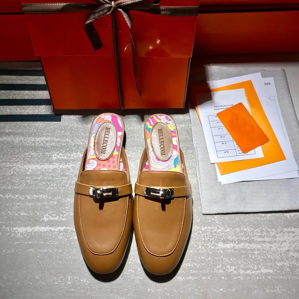 

SONFRNCH 2019 Autumn New Female Baotou Leather Semi-slipper, Square Button Flat Bottom Comfortable Outside Slippers
