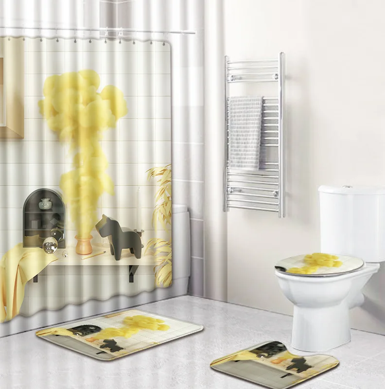4pcs/set Cartoon Print Shower Curtain Bathroom Mat Waterproof Toilet Cover Bath Mat Washable Home Bath Decor With 12 Hooks