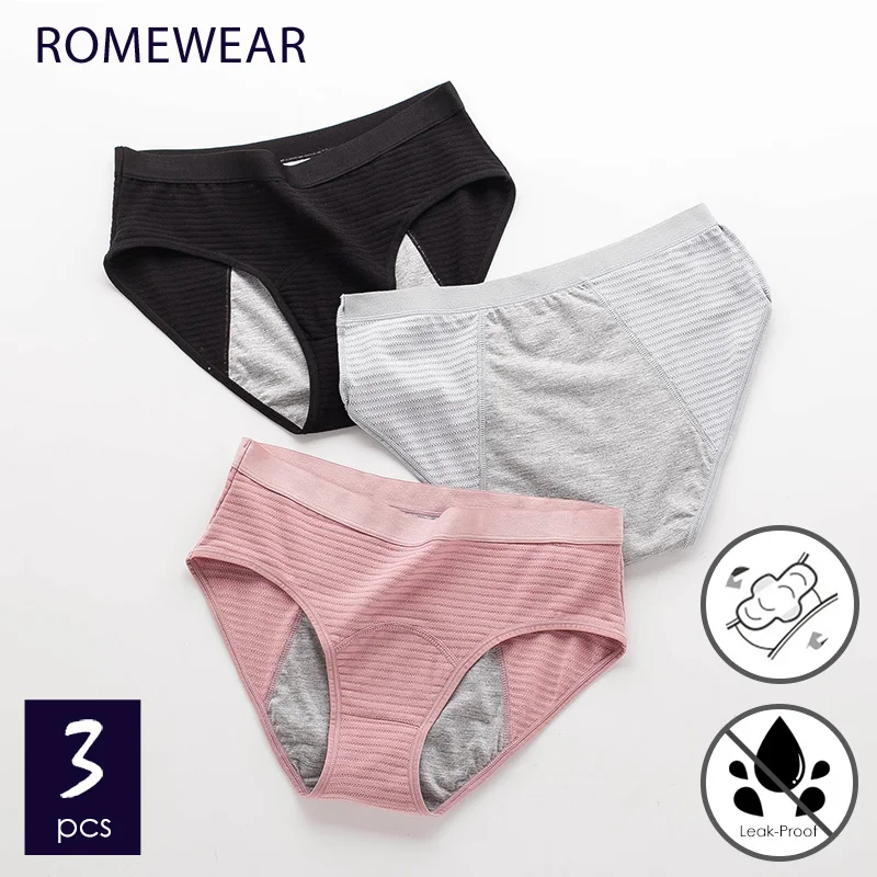 

RMW Women Menstrual Panties Leak Proof Physiological Underwear Ribbed Panties Cotton Solid Period Waterproof Briefs Girls 3pcs
