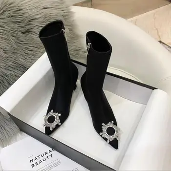 

Short boots women's tube high-heeled autumn/winter new drill socks boots pointed toe fine elastic rhinestone banquet boots MS