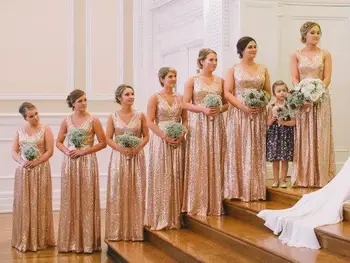 

2018 new hot Sexy deep v-neck Rose Gold Sequins Prom party gown Floor Length Cheap Arabic bridal Gowns Bridesmaid Dresses