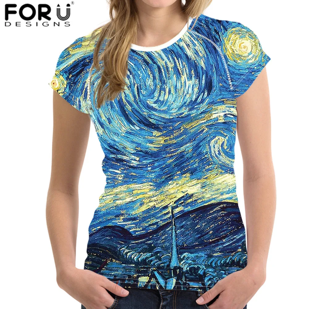 FORUDESIGNS Women T-Shirt Van Gogh Painting 3D Print Vintage Short Sleeves Lady Summer Casual Clothing Harajuku camisa feminina | Женская