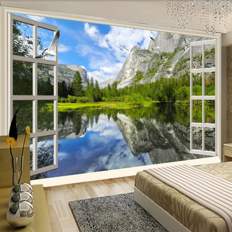 Custom 3d Murais Photo Wallpaper Janela Clássica Lago Montanha Paisagens da Natureza Sala de Estar Quarto Decoração do Sofá
