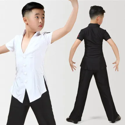 Latin Top Short Sleeve V Collar Boys Rumba Cha Cha Samba Tango Salsa Dancing Shirts Kids Competition Performance Wear