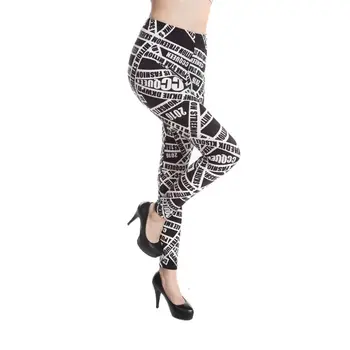 

Women Mid Rise Leggings Tights Black White Alphabet Letters Printed Skinny Pants