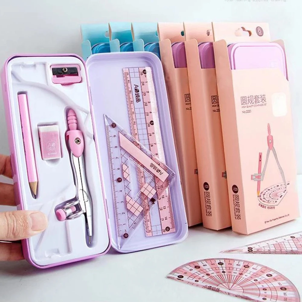 8pcs Plastic Geometry Stationery Set Maths Drawing Compasses Ruler Set Students Draw Measuring Tools School Office Stationery