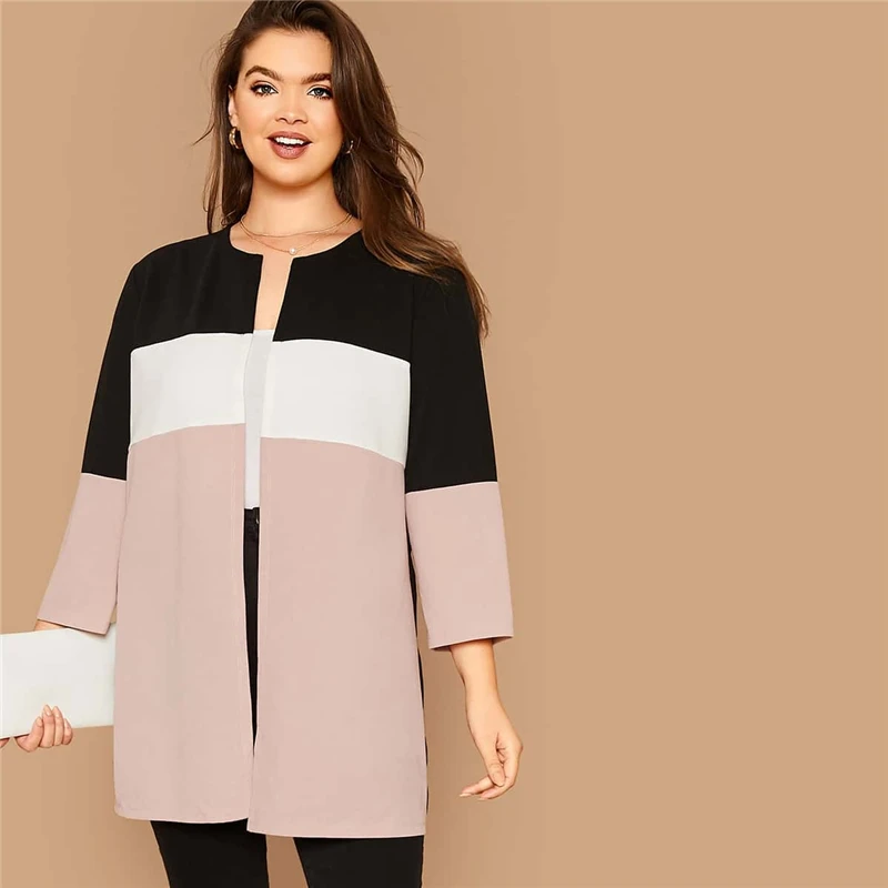 SHEIN, Женское пальто размера плюс, с вырезом и вышивкой, с открытой передней частью, осень 3/4, длина рукава, повседневная, плюс, с цветными блоками, верхняя одежда, пальто