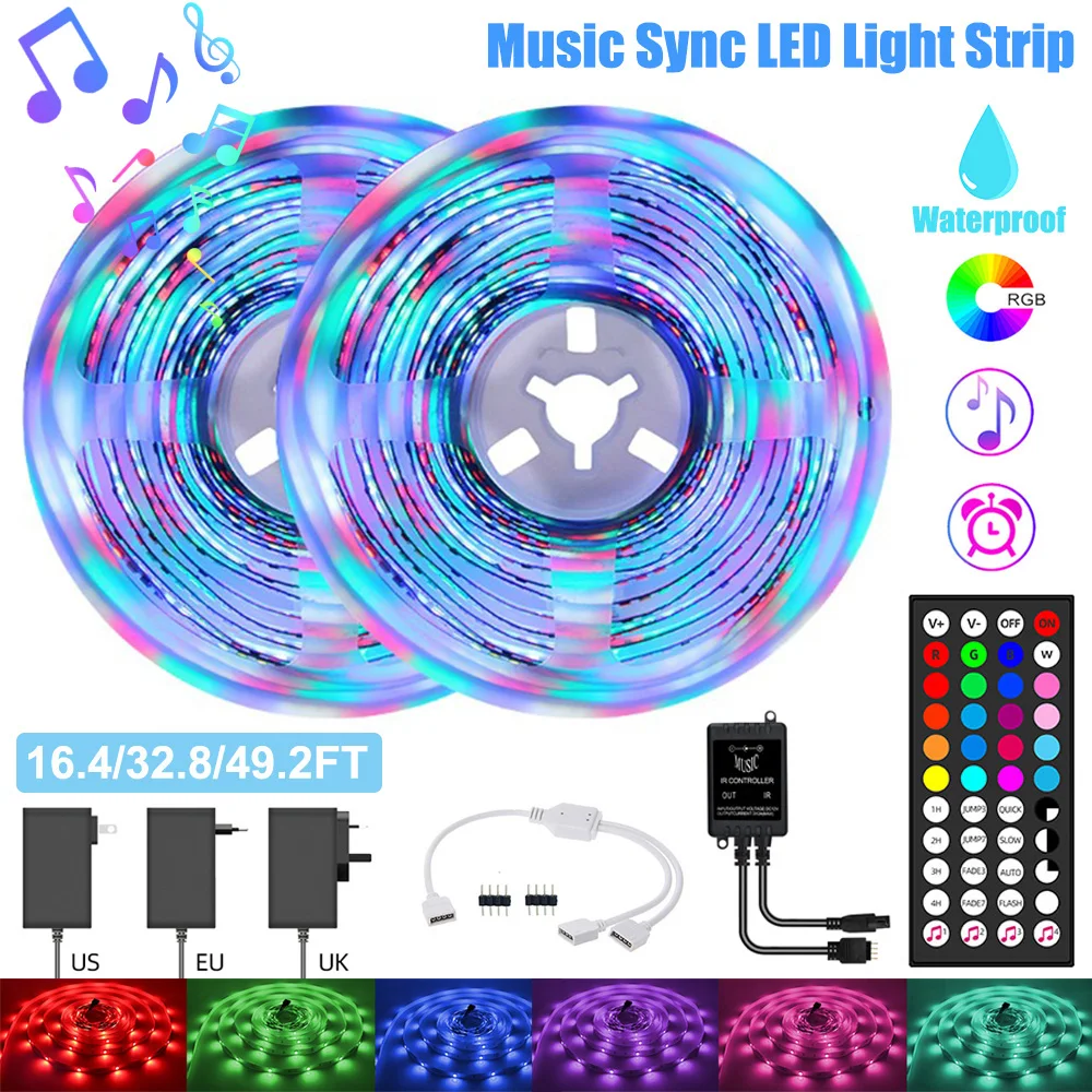 LED Strip Lights Music Remote Control 5050 Flexible Tape Luces Led 5M 10M 15M Waterproof RGB DC 12V LED Ribbon Lamp Home Decor