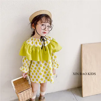 

Children's 2020 spring new girls' Pullover dot splicing Lace Long Sleeve Dress thin dress