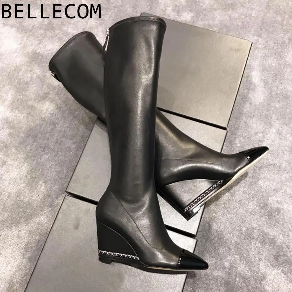 

BELLECOM Thin Boots Slope With Overknee Boots Woman 2019 Genuine Leather Chain Decoration High With Elastic Force High Boots