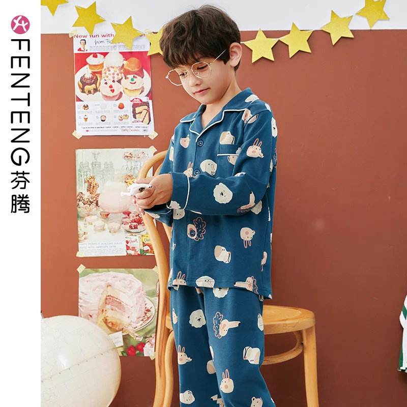 

Boys' Pajama Spring And Autumn Long Sleeve Pure Cotton Children Tracksuit Cotton Cartoon Big Boy Pajamas Set Autumn Boy