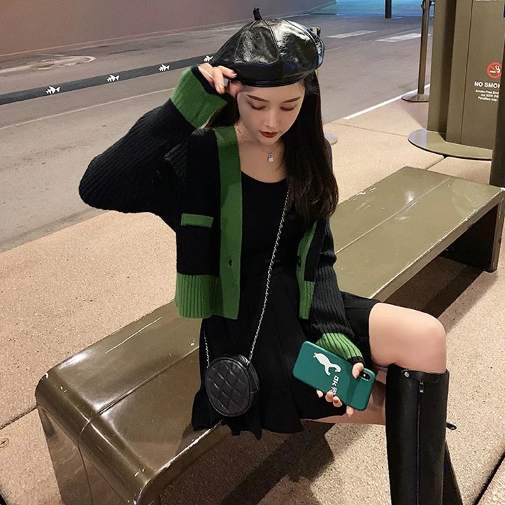 black green Женский кардиган 2010, корейский стиль, v-образный вырез, короткий стиль, винтажный цвет, пэчворк, вязаный свитер, пальто, трикотаж, sueter feminino T384 - Цвет: black green
