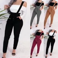 Sporty Women Pants Pure Color Female Buttons Pockets Long Suspender Trousers  Women Long Pants    Trousers