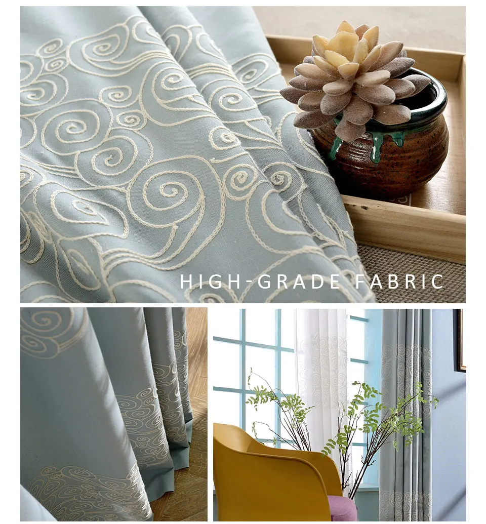 Затемненные синие вышитые шторы для гостиной, спальни, хлопчатобумажная ткань для кабинета, высокое качество, декоративные шторы