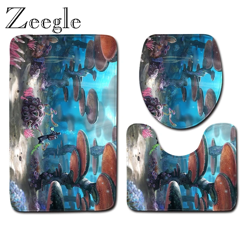 Zeegle Printed Pattern Bath Mat Set Toilet U Type Mat Pedestal Rug Lid Toilet Cover Polyester Bathroom Floor Mat Entrance Rug