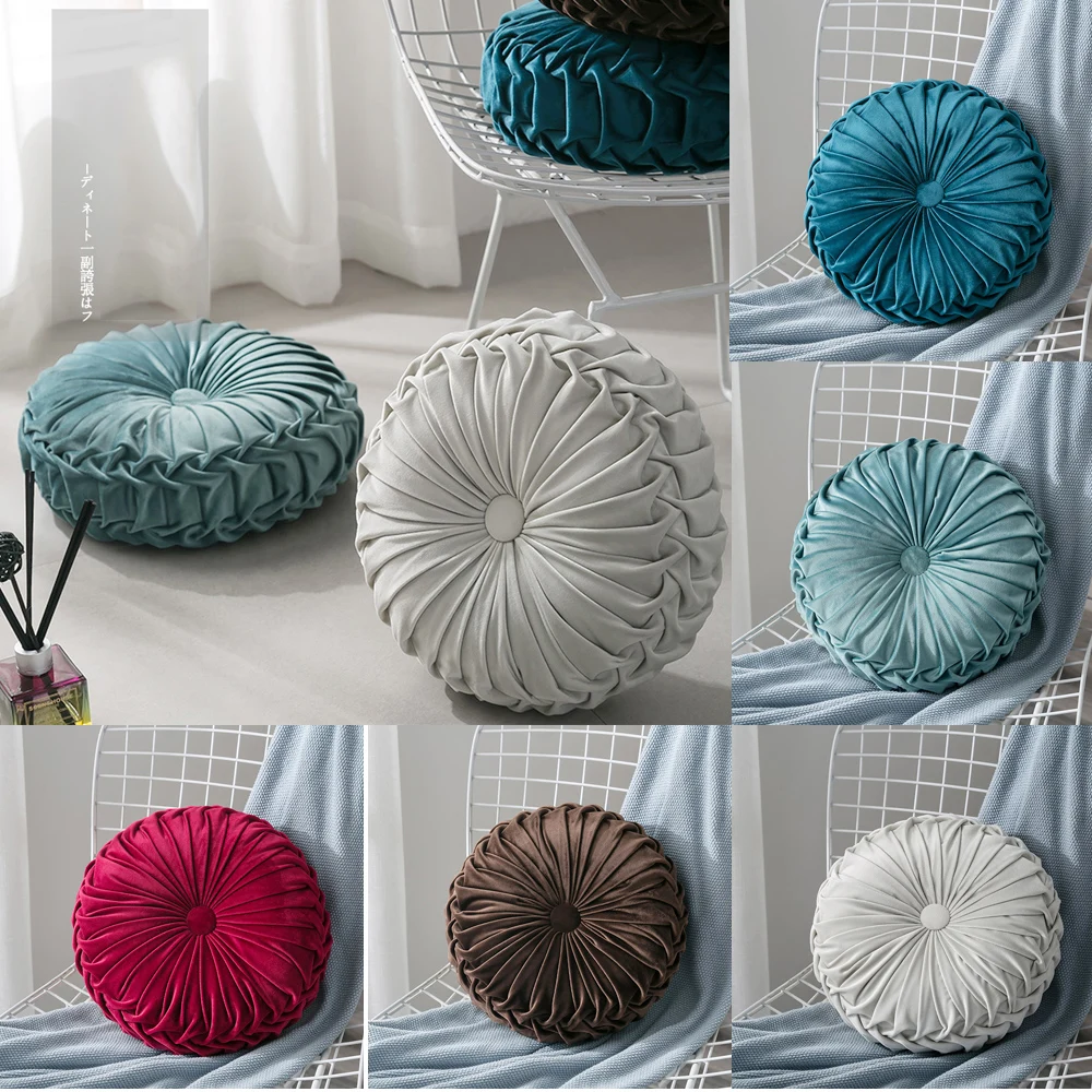 

Round Cushions Pillows Velvet Chair Sofa Throw Pillow Folds Pleated For Home Bed Car Window Decor