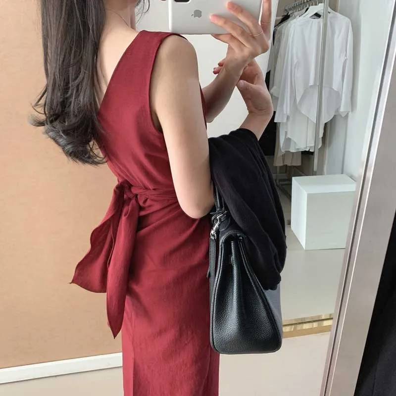Retro V-Neck Sleeveless Cross Straps Waist Slim Fit Dresses Ladies Summer New Elegant Korean Chic Office Dress Women Dress 2020