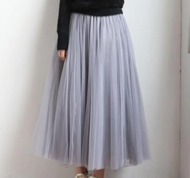 gray skirt long Осень зима элегантная женская длинная юбка миди корейская мода Женская эластичная юбка с высокой талией из тюля и сетки плиссированная юбка-пачка Женская - Цвет: gray skirt long