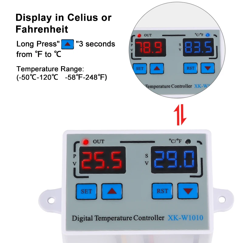 XK-W1010 цифровой регулятор температуры Термостат для инкубатора реле прямого выхода 10A нагревательный охлаждающий переключатель C/F переключатель