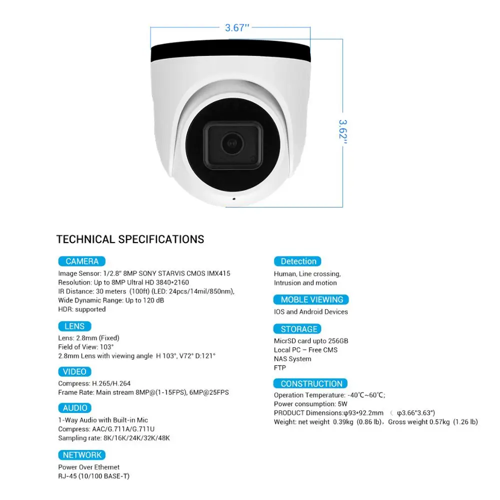 Инфракрасная купольная IP камера Brillcam 4K/8MP UHD с объективом 2 8 мм PoE IP67 защищенная от