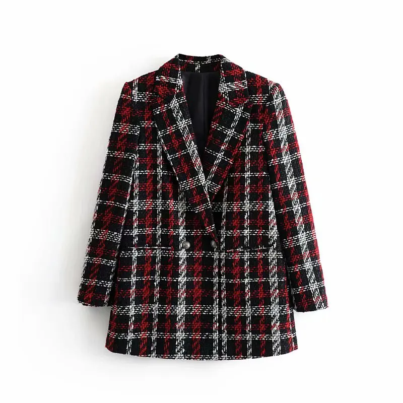 

Fashion Za Vintage Women Plaid Tweed Jacket Autumn Female Chic Double Breasted Pocket Long Sleeve Thick Coat Casaco Femme