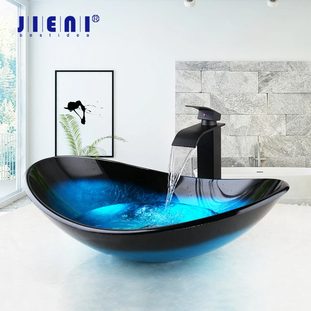 Jieni Blau Gehartetem Glas Hand Gemalt Wasserfall Auslauf Becken Schwarzen Hahn Waschbecken Waschbecken Bad Messing Set Wasserhahn Mischbatterien Bathroom Sinks Aliexpress